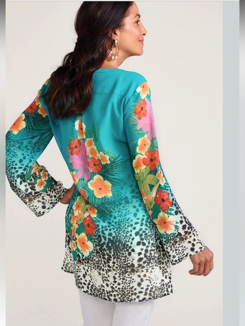 Soft Surroundings Teal Tropical Floral Cheetah Print Sheer Tunic Top Blouse Sz L - Picture 3 of 15